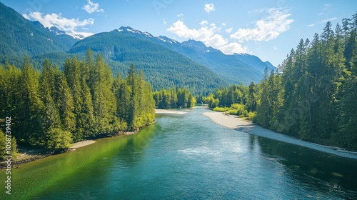 Drone view of a lush green coastal forest. Beauty in nature. Environmental conservation backgrounds. Cheakamus River in Whistler, Canada  photo