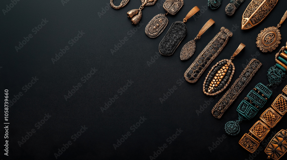 Collection of antique bronze and gold jewelry pendants with intricate designs arranged on a dark textured background