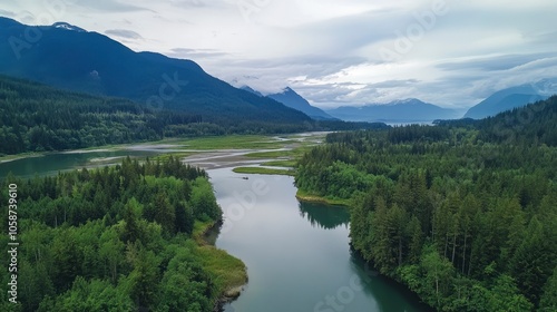 Drone view of a lush green coastal forest. Beauty in nature. Environmental conservation backgrounds. Cheakamus River in Whistler, Canada  photo