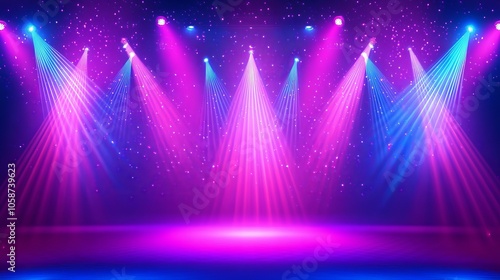 Laser light show. LED laser beams that are bright, a DJ light party. blue-pink stage with led strobe lighting. Background: a backdrop for product displays.