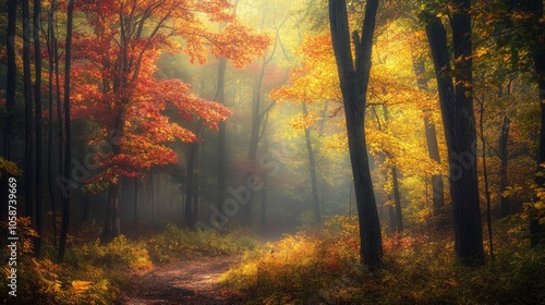 Early morning autumn light near Killington, Vermont. Photo taken on a calm tranquil colorful morning during the peak autumn foliage season. Vermont's beautiful fall foliage ranks with the best in New 