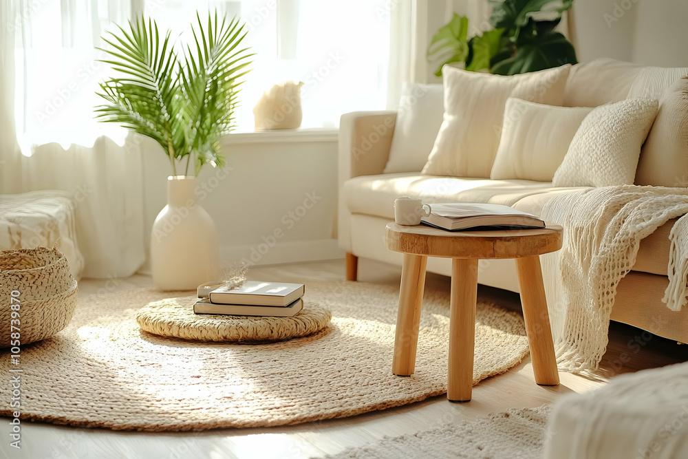 Boho Interior Design Photo - Sunlit Living Room with Wooden Stool, Beige Sofa, Jute Rug Boho Interior Design Photo - Sunlit Living Room with Wooden Stool, Beige Sofa, Jute Rug