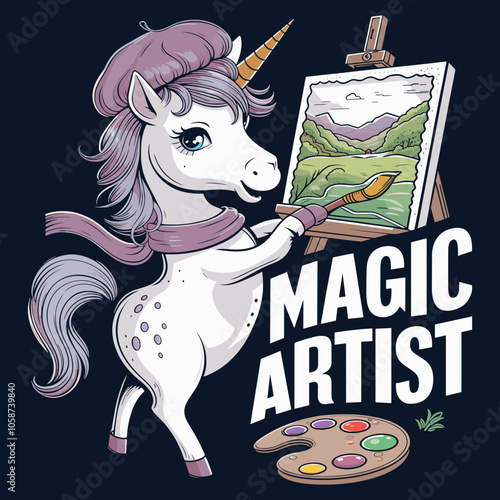 A Whimsical Unicorn Painting a Landscape on Canvas with Artistic Flair - Design for T-Shirts
