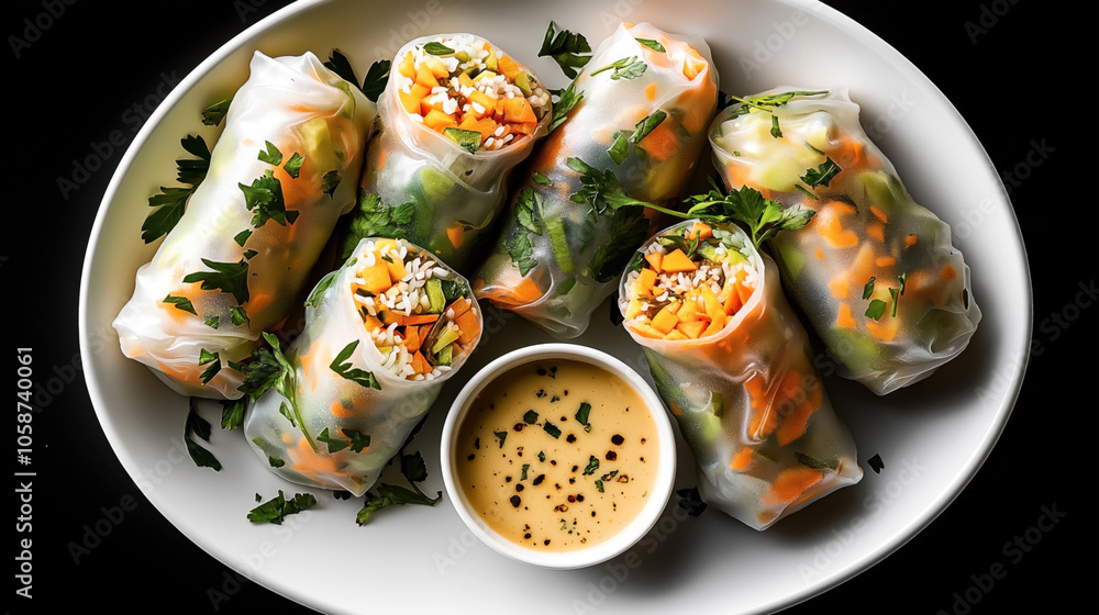 Close-up of fresh vegetable spring rolls on a white plate surrounded by chopped herbs, accompanied by a small bowl of dipping sauce garnished with spices. Close-up of fresh vegetable spring rolls on a white plate surrounded by chopped herbs, accompanied by a small bowl of dipping sauce garnished with spices.