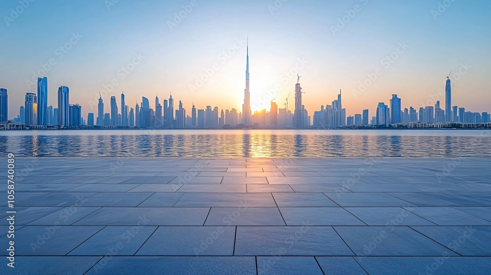 Naklejka premium Manhattan, Dubai, Shanghai, and Hong Kong City Centers with Platforms, Roads, Parking Lots, and Brick Pavements for Car Advertisement Background