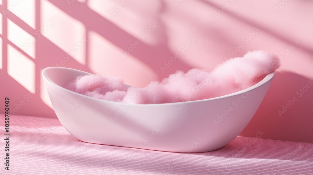 A white bathtub filled with fluffy pink clouds sits in a room with a pink wall and floor, bathed in soft sunlight. A white bathtub filled with fluffy pink clouds sits in a room with a pink wall and floor, bathed in soft sunlight.