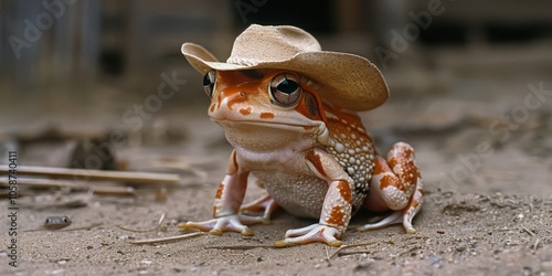 Establishing shot of a single frog standing on the far left edge of the frame, poised and ready to draw its gun in a classic Western duel stance photo