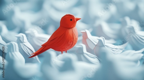 Red Paper Bird Stand Out of Crowd White Paper Birds, Standing Out Concept, Think Differently