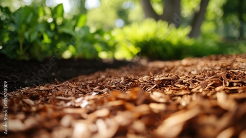 A close-up shot of the mulch, capturing the details and consistency, with the surrounding area softly blurred. photo