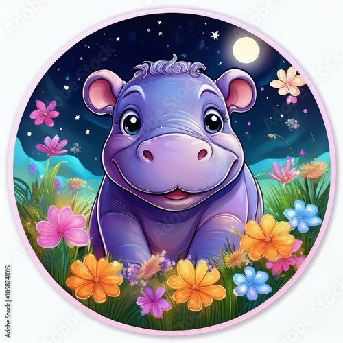 charming hippo in a blooming spring meadow, against the backdrop of a starry winter night, badge like, rounded pin,  photo