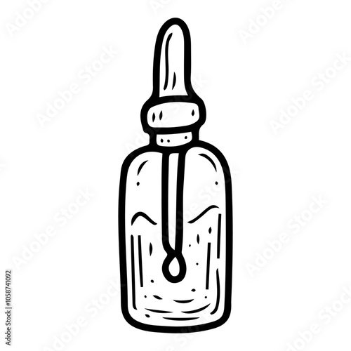 Bottle of cosmetic oil hand drawn doodle. Pipette dripping. Beauty tool. Skin moisturizing. Care procedures. Healthy lifestyle. Vector line art illustration.