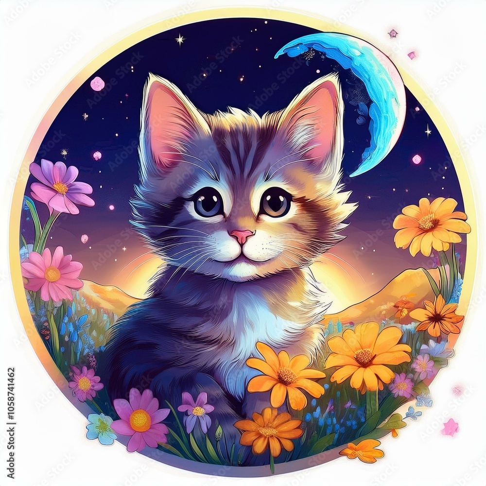 charming kitty cat in a blooming spring meadow, against the backdrop of a starry winter night, badge like, rounded pin, charming kitty cat in a blooming spring meadow, against the backdrop of a starry winter night, badge like, rounded pin,