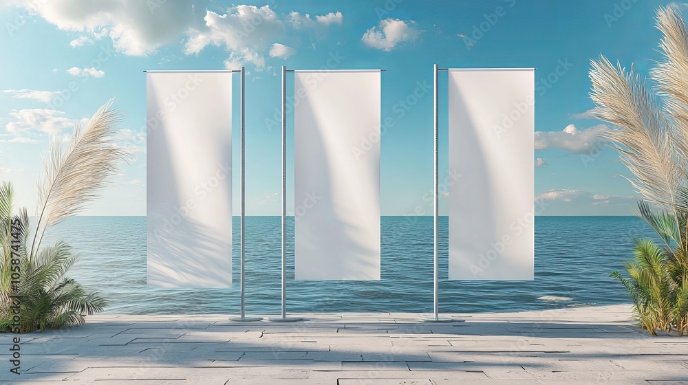 Realistic 3D vector mockups of a banner stand and beach flags. Blank ...