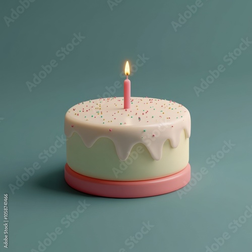 Pastel Colored Birthday Cake with Lit Candle