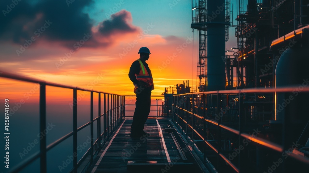 A lone worker in a hard hat and safety vest stands on a platform overlooking a large industrial complex at sunset. A lone worker in a hard hat and safety vest stands on a platform overlooking a large industrial complex at sunset.