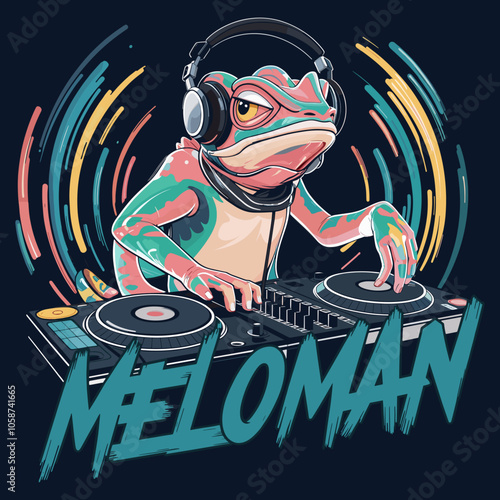 T-Shirt Design of a Colorful Cartoon Frog DJ Mixing Music on Turntables - Meloman