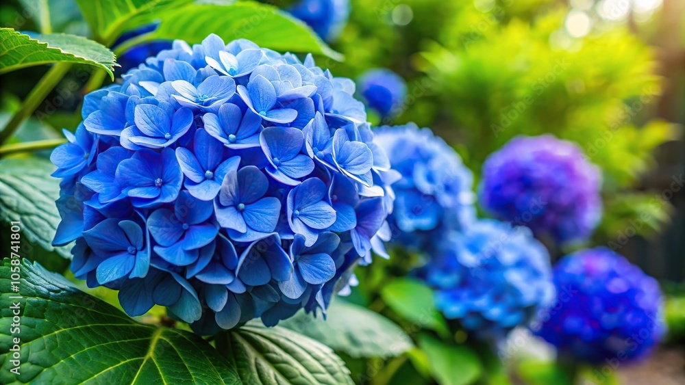striking blue hydrangea in a backyard garden close-up striking blue hydrangea in a backyard garden close-up