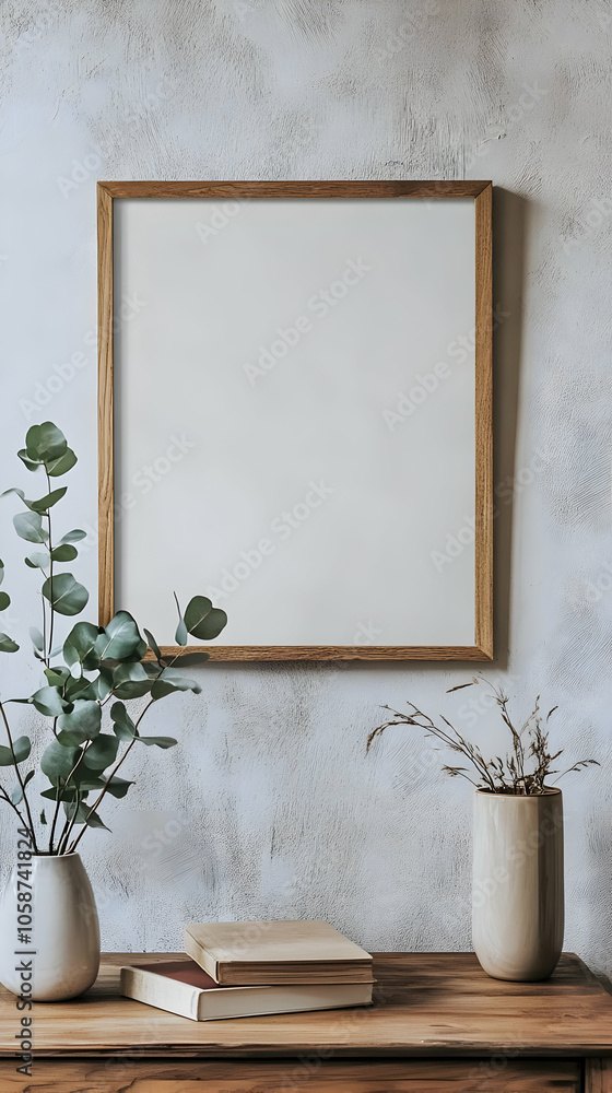 Minimalist Photo of a Wooden Frame, Eucalyptus, and Books on a Table Minimalist Photo of a Wooden Frame, Eucalyptus, and Books on a Table