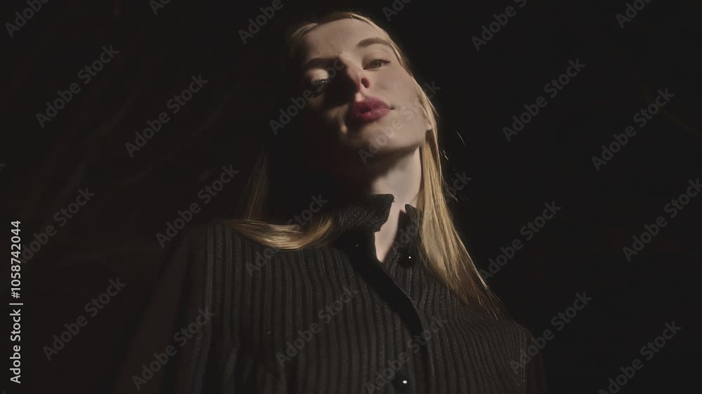 Fashion model posing in a dark forest at night, with dramatic lighting accentuating her face and flowing blond hair. Shadows create a moody and elegant atmosphere Fashion model posing in a dark forest at night, with dramatic lighting accentuating her face and flowing blond hair. Shadows create a moody and elegant atmosphere