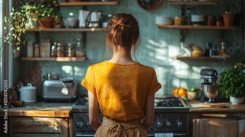 A woman in a yellow shirt stands in front of a stove