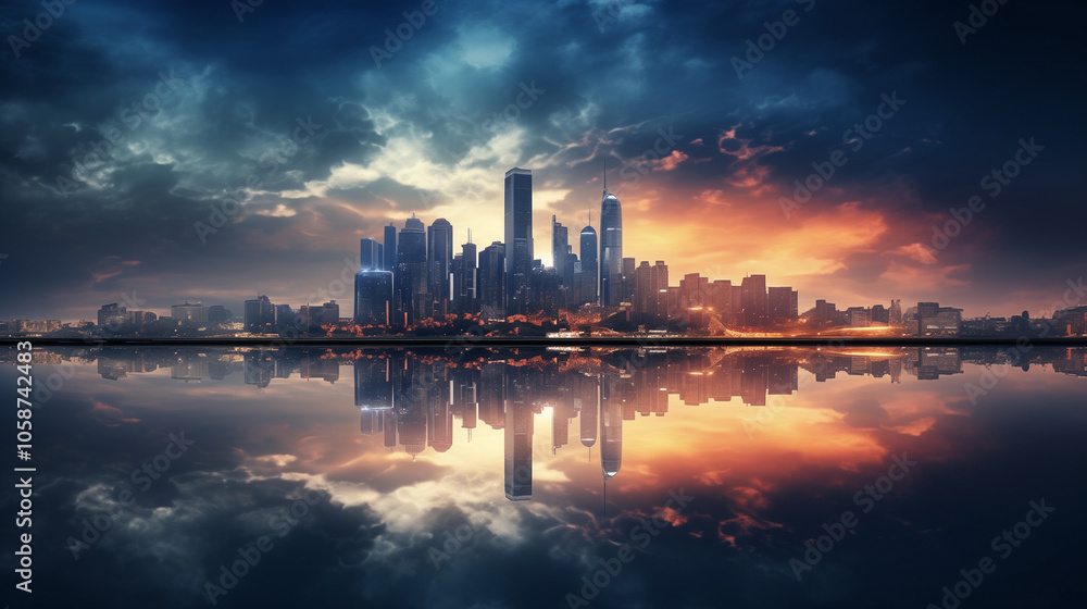 Naklejka premium Dramatic city skyline reflection at sunset with colorful clouds and water mirror