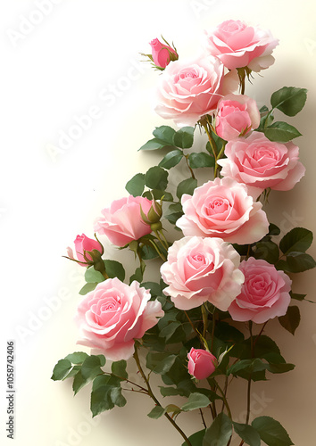 Beautiful pink roses blooming gracefully on a soft white background
