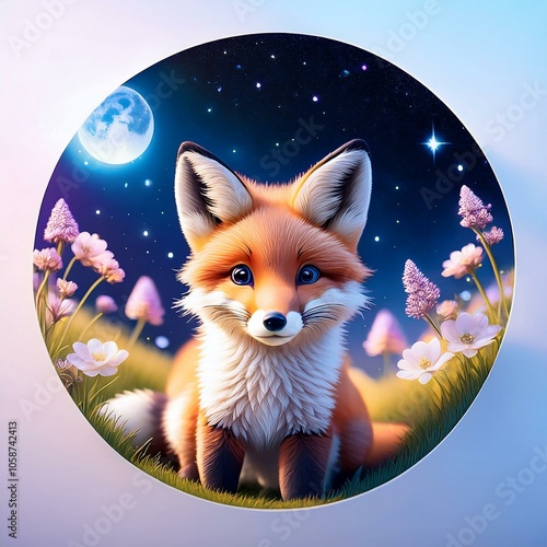 charming fox in a blooming spring meadow, against the backdrop of a starry winter night, badge like, rounded pin,  photo