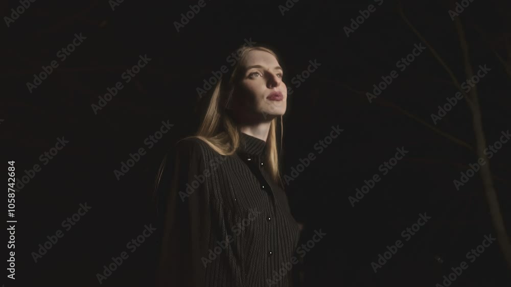 Woman with long blonde hair and a dark shirt is posing for photos in a forest at night. She is illuminated by various lighting setups Woman with long blonde hair and a dark shirt is posing for photos in a forest at night. She is illuminated by various lighting setups