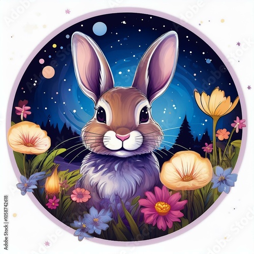 charming bunny rabbit in a blooming spring meadow, against the backdrop of a starry winter night, badge like, rounded pin,  photo