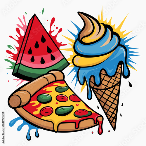 T-Shirt Design Featuring a Colorful Cartoon Pizza, Ice Cream, and Watermelon
