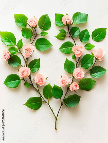 Elegant arrangement of pink roses and green leaves on a soft white background