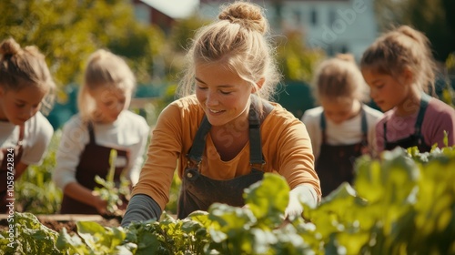 Fair-skinned Scandinavian teacher with blonde hair shows students eco-farming techniques in a school garden on a sunny day