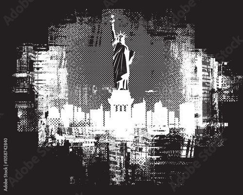 Vector banner or card with the famous American Statue of Liberty on the background of silhouettes skyscrapers and inscription of New York. Decorative illustration of US landmark in grunge style