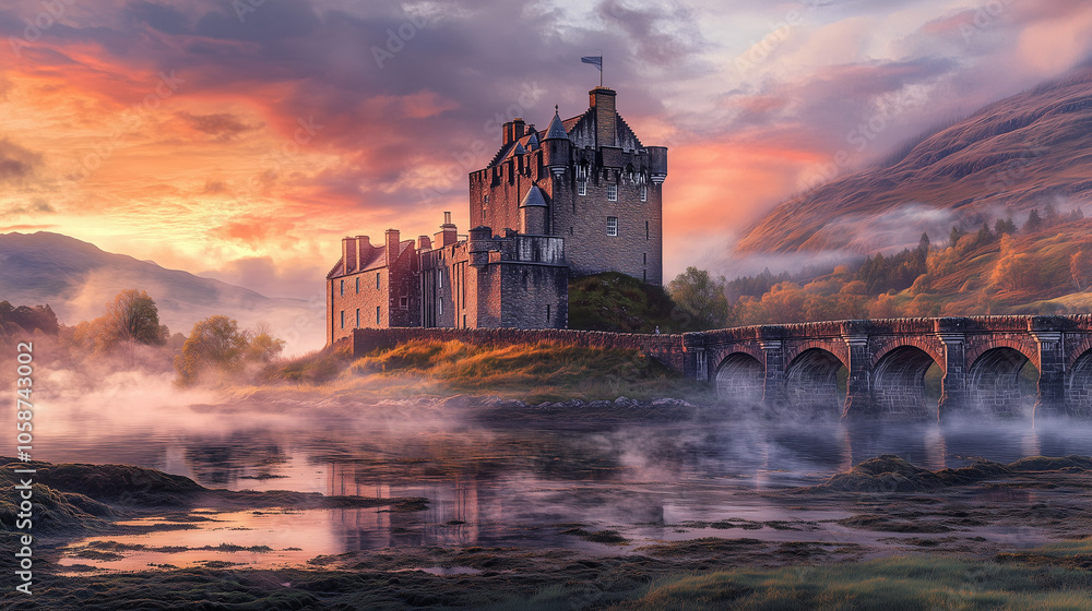 Fototapeta premium a grand Scottish castle with intricate stonework, surrounded by misty hills and a glowing sunset