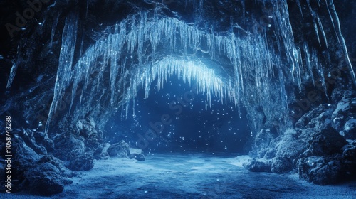 Icy cave entrance with sparkling icicles, creating a magical winter scene for fantasy-themed artwork or adventure tour promotions.