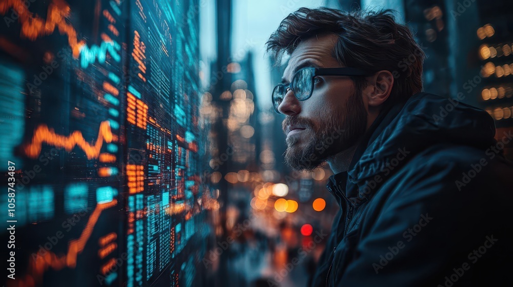 finance trade manager analyzing stock market indicators on a futuristic digital display, surrounded by sleek business buildings, illustrating the dynamic world of investment strategy finance trade manager analyzing stock market indicators on a futuristic digital display, surrounded by sleek business buildings, illustrating the dynamic world of investment strategy