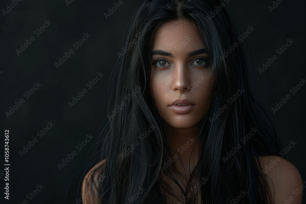 Beautiful young woman with long black hair posing on dark background. Neural network ai generated art Beautiful young woman with long black hair posing on dark background. Neural network ai generated art