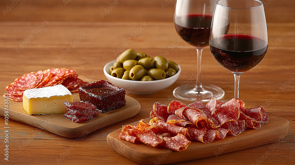 A traditional tapas spread with jam'n iberico, manchego cheese, olives, and a glass of red wine, set on a rustic wooden table. A traditional tapas spread with jam'n iberico, manchego cheese, olives, and a glass of red wine, set on a rustic wooden table.