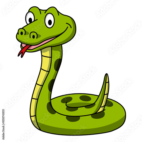 Serpente verde che ride. Disegno simpatico stile fumetto vettoriale editabile