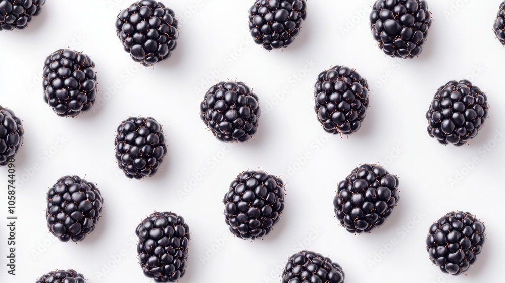 A bunch of black berries are spread out on a white background A bunch of black berries are spread out on a white background