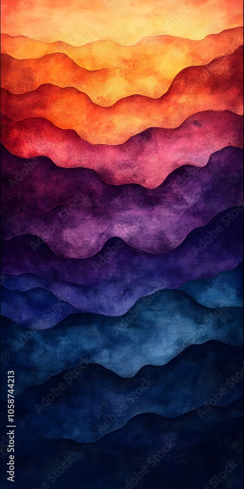 An abstract landscape featuring layered waves in rich hues of orange, pink, purple, and blue, creating a serene and dreamy atmosphere. Perfect for modern decor. An abstract landscape featuring layered waves in rich hues of orange, pink, purple, and blue, creating a serene and dreamy atmosphere. Perfect for modern decor.