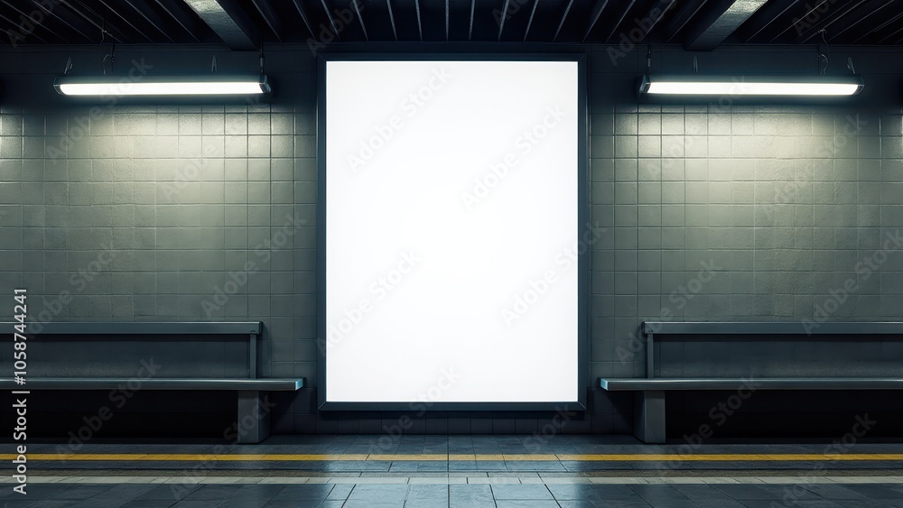 Realistic movie poster mockup in a subway station with a blank frame on a tiled wall. Ideal for showcasing film posters or ads in an urban setting. Realistic movie poster mockup in a subway station with a blank frame on a tiled wall. Ideal for showcasing film posters or ads in an urban setting.