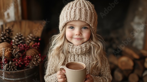 Little Girl in Knitted Sweater with Hot Chocolate