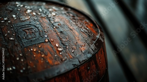 A macro photograph of the rain barrel surface, focusing on the texture and branding, with the surrounding area softly blurred.