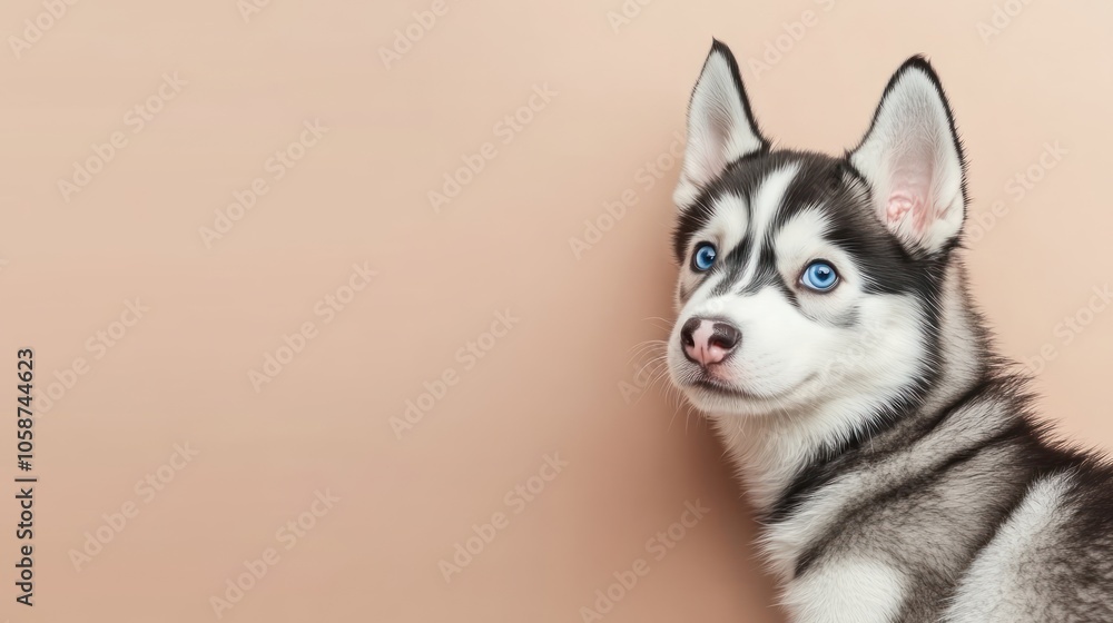 A close-up of a husky dog with striking blue eyes against a soft background. A close-up of a husky dog with striking blue eyes against a soft background.