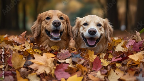 Happy dogs playing in autumn leaves