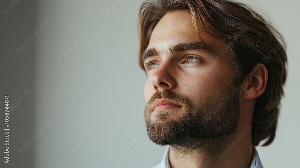Fototapeta premium Thoughtful young professional with oily hair and a beard, captured in a candid moment, emphasizes his pensive expression against a clean background with ample copy space.