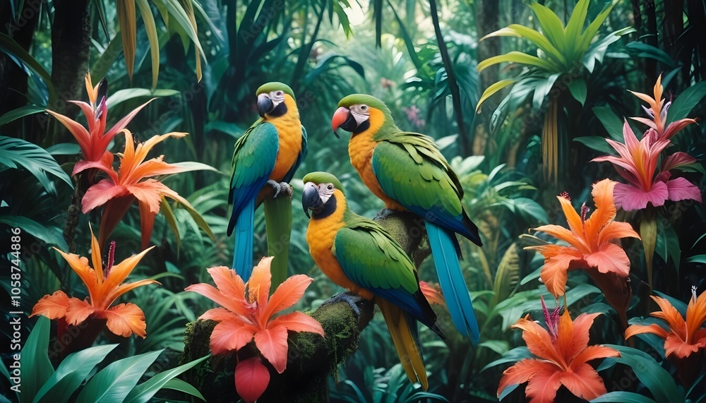 Tropical exotic pattern with animal and flowers in bright colors and lush vegetationn Tropical exotic pattern with animal and flowers in bright colors and lush vegetationn