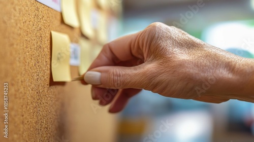 A low-angle view of someone pinning a note to the bulletin board, with the background softly blurred for depth.