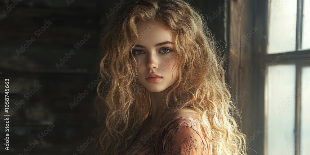 Fototapeta premium A lovely young woman with long, curly blonde hair is seen in an indoor environment. Her beauty is evident as she stands in this interior space.